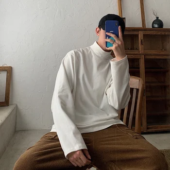 

2019 New Large Size Japanese Cotton Simple Korean Style Half High Collar Solid ColorMen'sLooseVersion CouplesLong Sleeve T-shirt