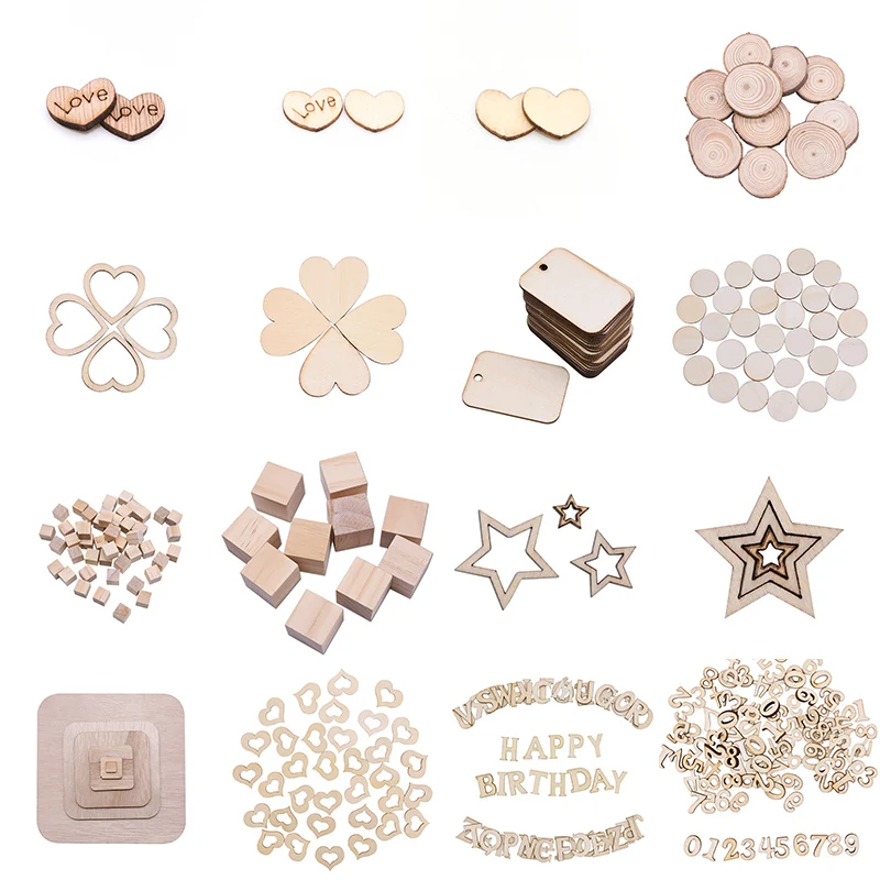 Love Heart Round Shape Wood Craft Blank Square Wood Slices Number Letter Wedding Table Scatter DIY Rustic Party Decoration