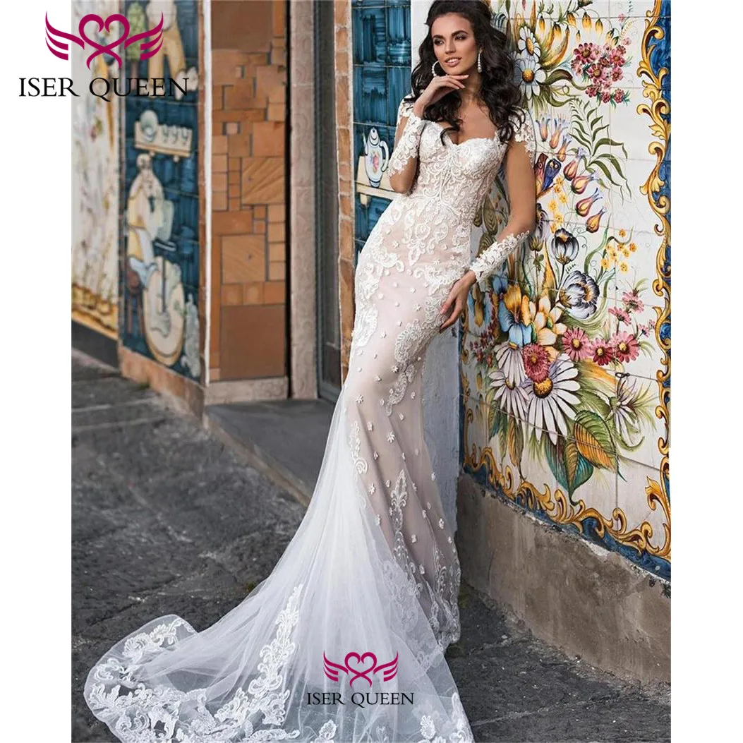 

Delicate Embroidery Illusion Long Sleeves Button Champagne Tulle Detachable Train Spanish Stylish Vestido De Novia W0627