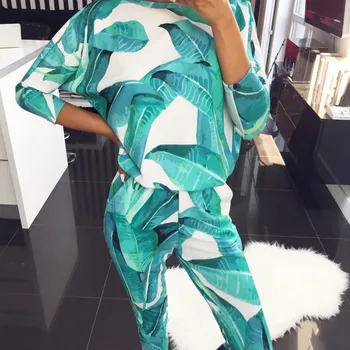 

Spring Floral Leaves Printed Women Tracksuit Suit Long Sleeve Tops+Skinny Long Pants Female Sets O-neck Fashion Ladies Suits