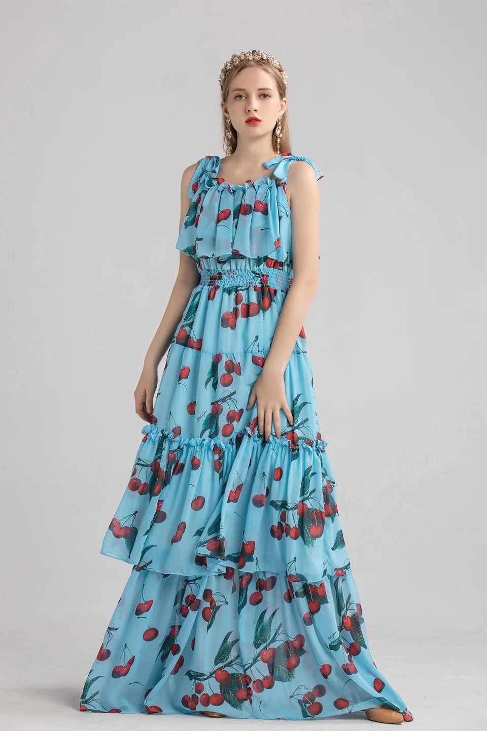 by Megyn Fashion Runway Autumn Long Sleeveless Maxi Dress Women's elastic Waist Floral Print Elegant Party Holiday Long Dress