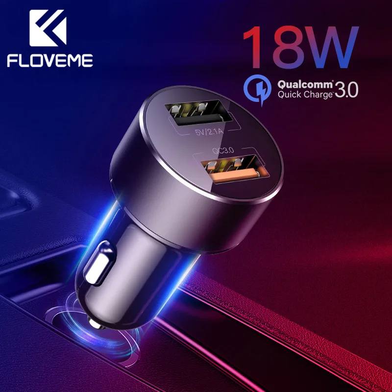 FLOVEME быстрое зарядное устройство 3,0 Автомобильное зарядное устройство для телефона 18 Вт с двумя портами светодиодный цифровой дисплей Супер быстрая зарядка для мобильных телефонов QC 3,0 зарядное устройство
