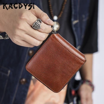 

Designer Retro Men's Wallet Zipper Real Leather Short Purse Small Wallet Leather High Quality Male Money Clip Coin Bag Card Case