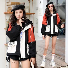 Новая куртка в стиле пэчворк с цветным блоком Женская куртка-бомбер в стиле хип-хоп Harajuku с капюшоном уличная длинная бейсбольная куртка с карманами