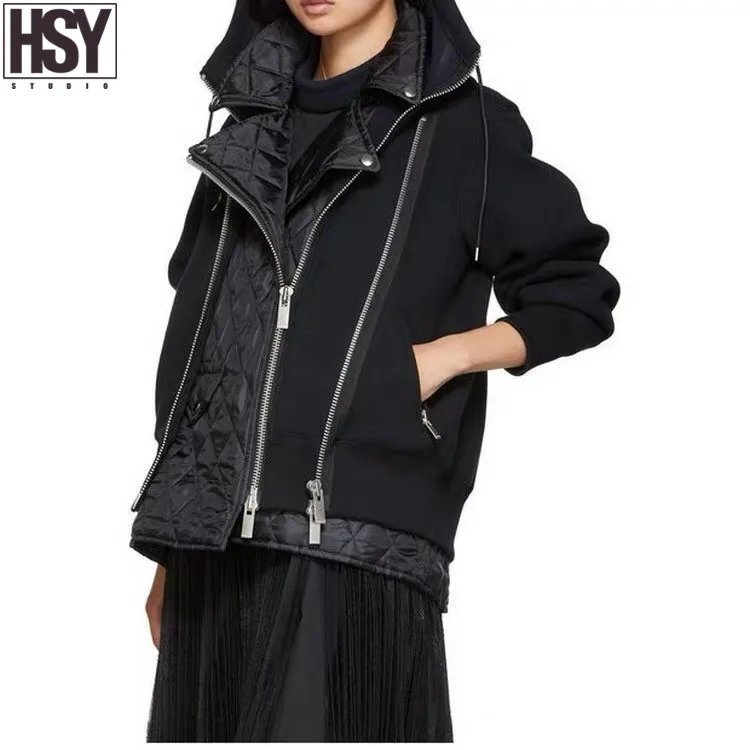 【HSY】 Новая Осенняя модная Женская Стеганая мотоциклетная куртка космическая хлопковая Лоскутная имитация двух частей ромбическое пальто с капюшоном 2 цвета
