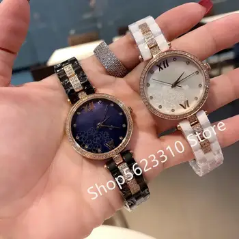 

Romantic cherry blossom watches Roman clock Female white black Ceramic Watches Crystal Quartz Butterfly WristWatch Lady Bracelet