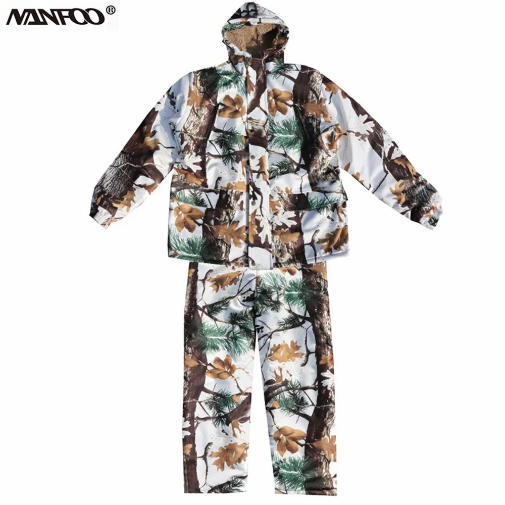 

Winter Outdoor Men Bionic Camouflage Hooded Fishing Suit Camo Windproof Warm Velvet Clothing for Hunting Shooting Hiking Costume