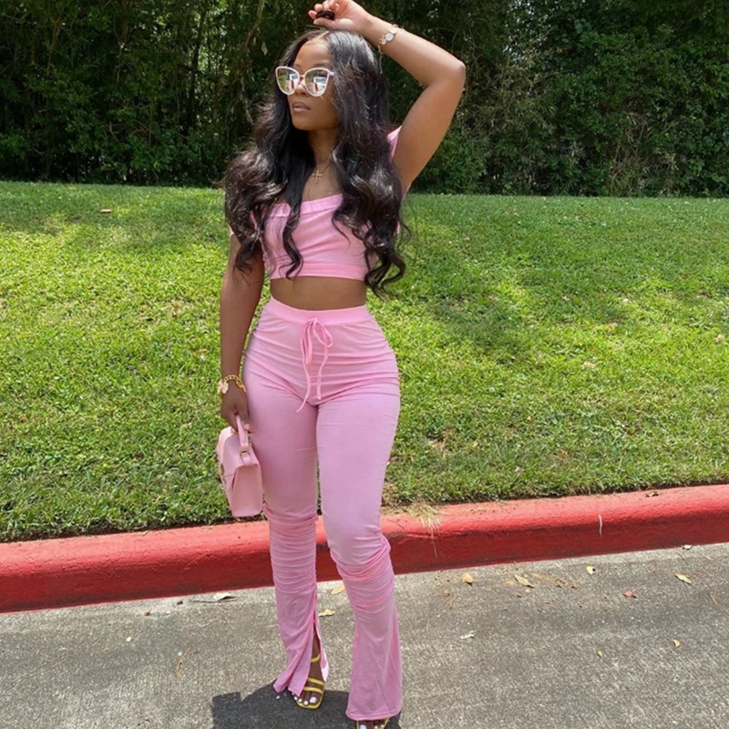 

Off Shoulder Summer Two Piece Set Women Festival Clothing Crop Top and Stacked Leggings Set Sexy 2 Piece Club Outfits Wholesale