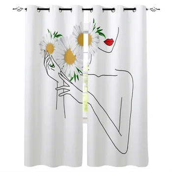 

Luxury Curtains Flower Daisy Line Red Lips Window Curtain Living Room Bedroom Drapes Panel Curtain for Living Room