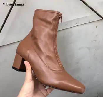 

Vibsterimma High Quality Solid Chunky Heels Short Cowboy Boots Women Genuine Leather Ankle Boots for Women Front Zipper Booties