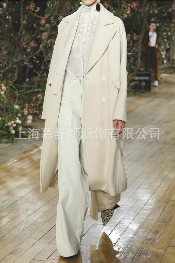 White Solid Long Wool Blend Ladies Coat Vintage Women's Jacket Wide-waisted Double Breasted Korean Womens Fashion Coat