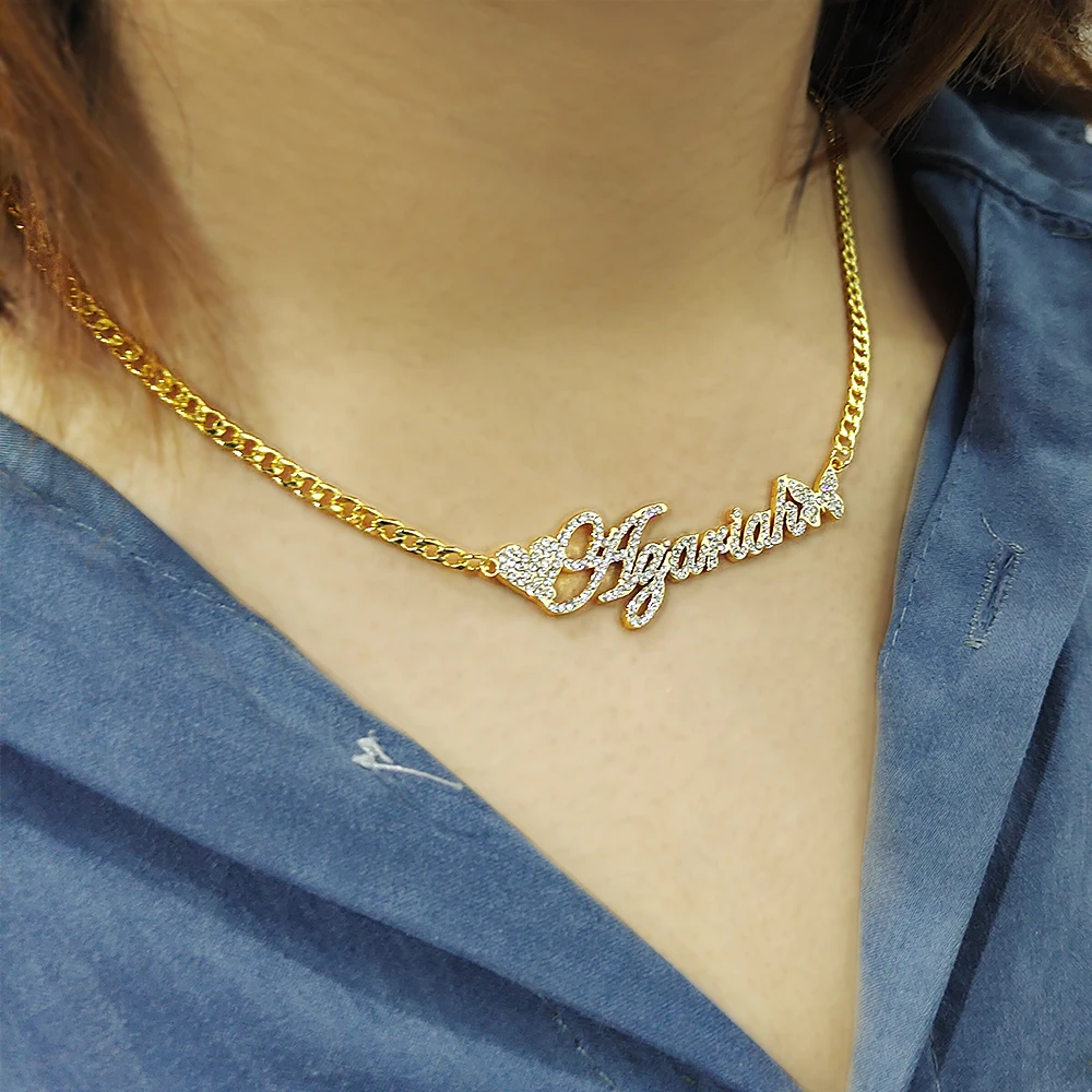 Name-Necklace Choker Women Jewelry Custom Stainless-Steel Gold Butterfly with for Filled-Heart-Statement