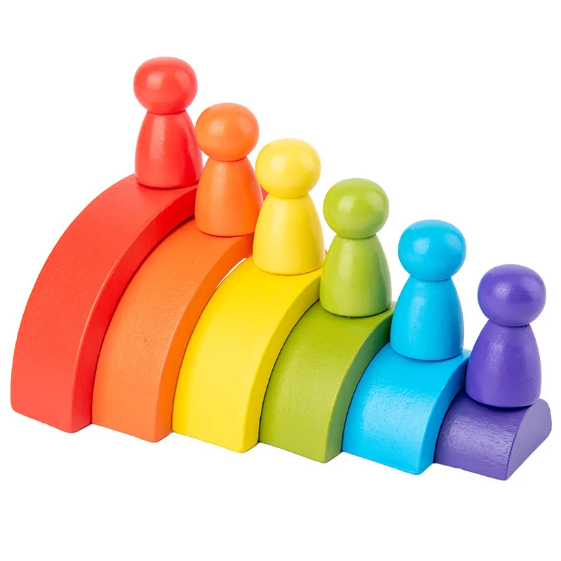 Wooden Building Blocks Montessori Arch Bridge Semicircle Rainbow Villain Set for Baby Education