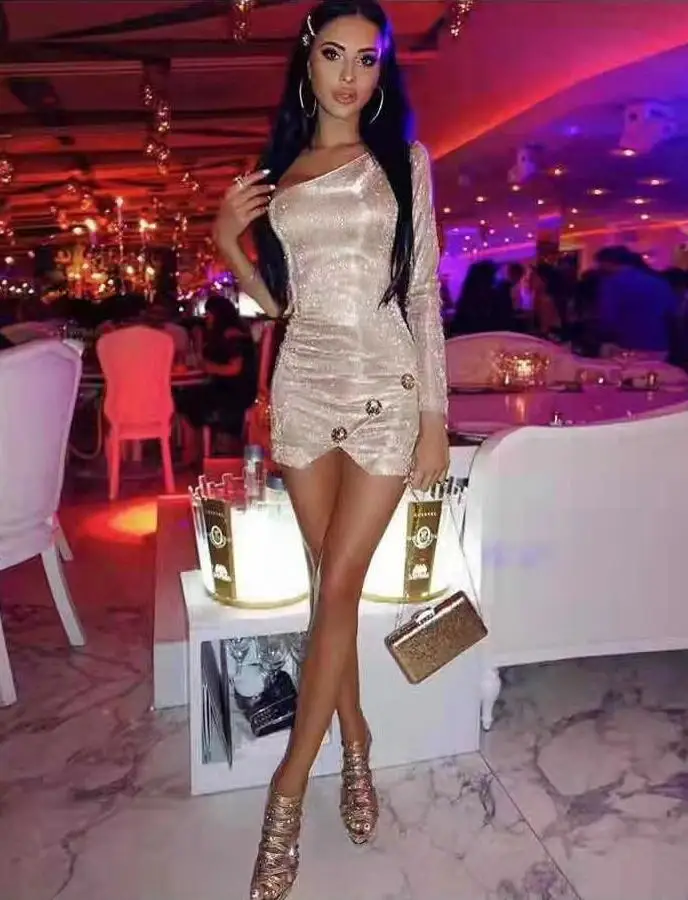 2020 Women Sexy One Sleeve Button Party Dress Ladies Trendy Designer Night Club Celebrity Chic Vestido | Женская одежда