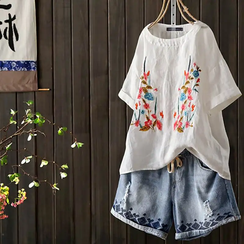 ZANZEA женская летняя Цветочная вышивка блузка с коротким рукавом свободные хлопковые рубашки Повседневная винтажная рубашка Femininas шифоновые Блузы - Цвет: Белый