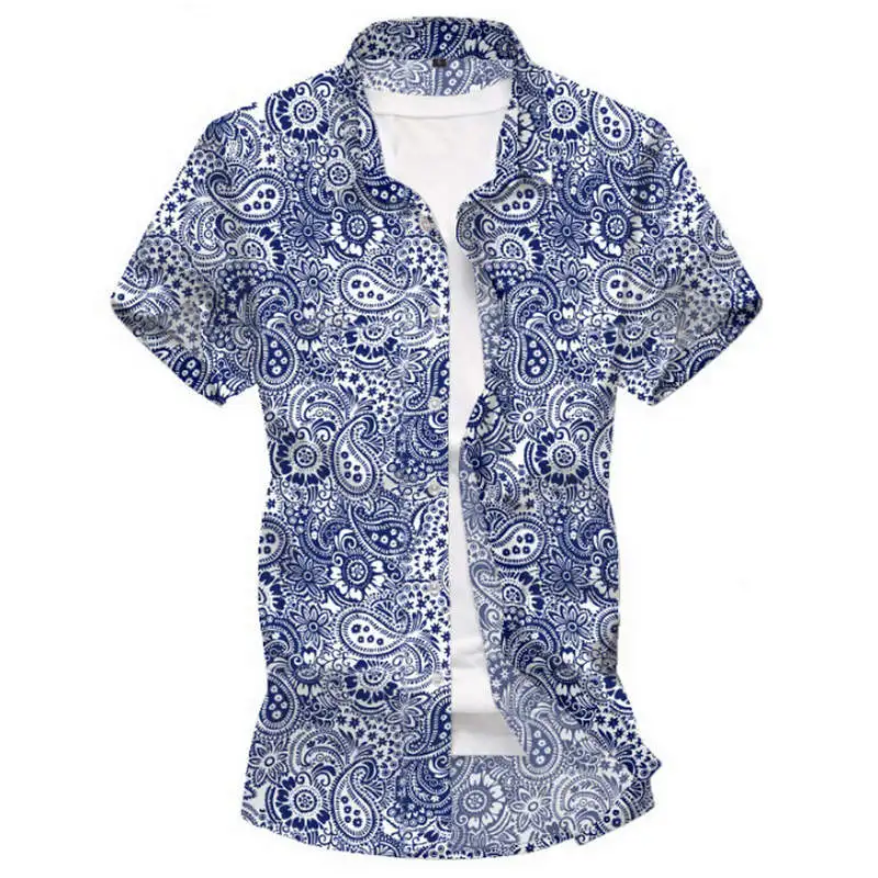 New Summer Mens Short Sleeve Beach Hawaiian Shirts Cotton Casual Floral Shirts Regular Plus Size 3XL Mens clothing Fashion - Цвет: HZ74 blue