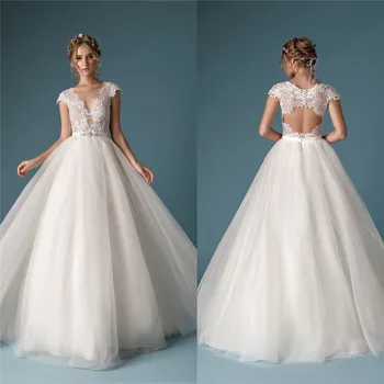 

Sexy Scoop Short Sleeves Lace Appliques Wedding Dresses Open Back Tulle Soft Skirt Bridal Gowns 2021 Custom Vestidos De mariage