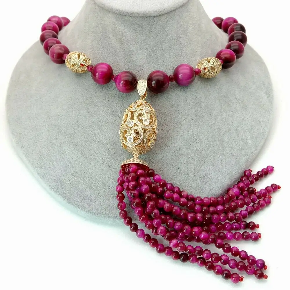 

14MM Round Fuchsia Tiger Eye Necklace CZ Pave tassel Pendant 23