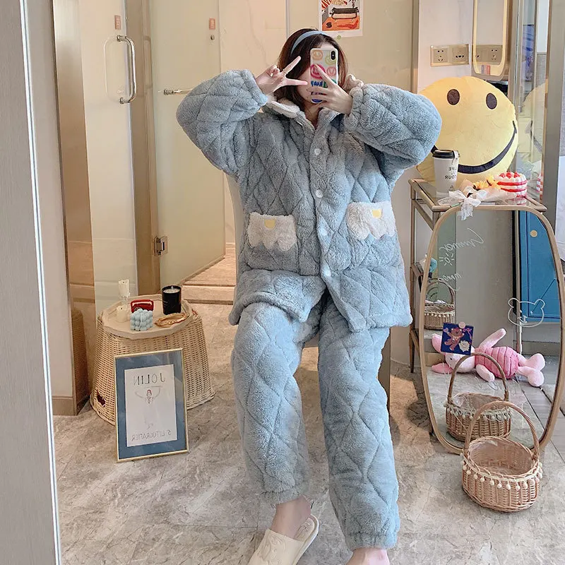 Autumn Winter New Pajamas Suit Women Warm Sleepwear Nightwear 2PCS Sleep Set Flannel Thicken Pyjamas Shirt&Pants Homewear