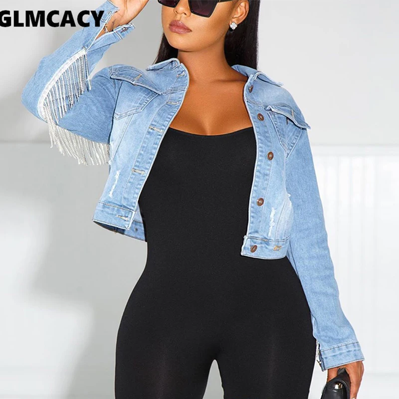 

Women Tassel Design Long Sleeve Button Down Denim Coat Solid Blue Short Style Casual Plus Size Top Coat