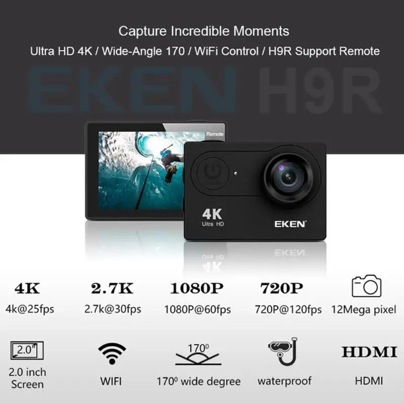 Eken H9 Экшн-камера HD 4K 25fps WiFi 2,0 дюймов 170D водонепроницаемая Спортивная камера