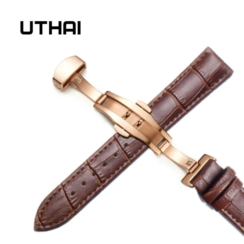 Rosegold-brown UTHAI Z09 плюс Натуральная кожа Ремешки для наручных часов 12-24 мм Универсальные часы Бабочка Пряжка группа сталь Пряжка ремешок наручный ремень браслет - Цвет ремешка: Rosegold-brown