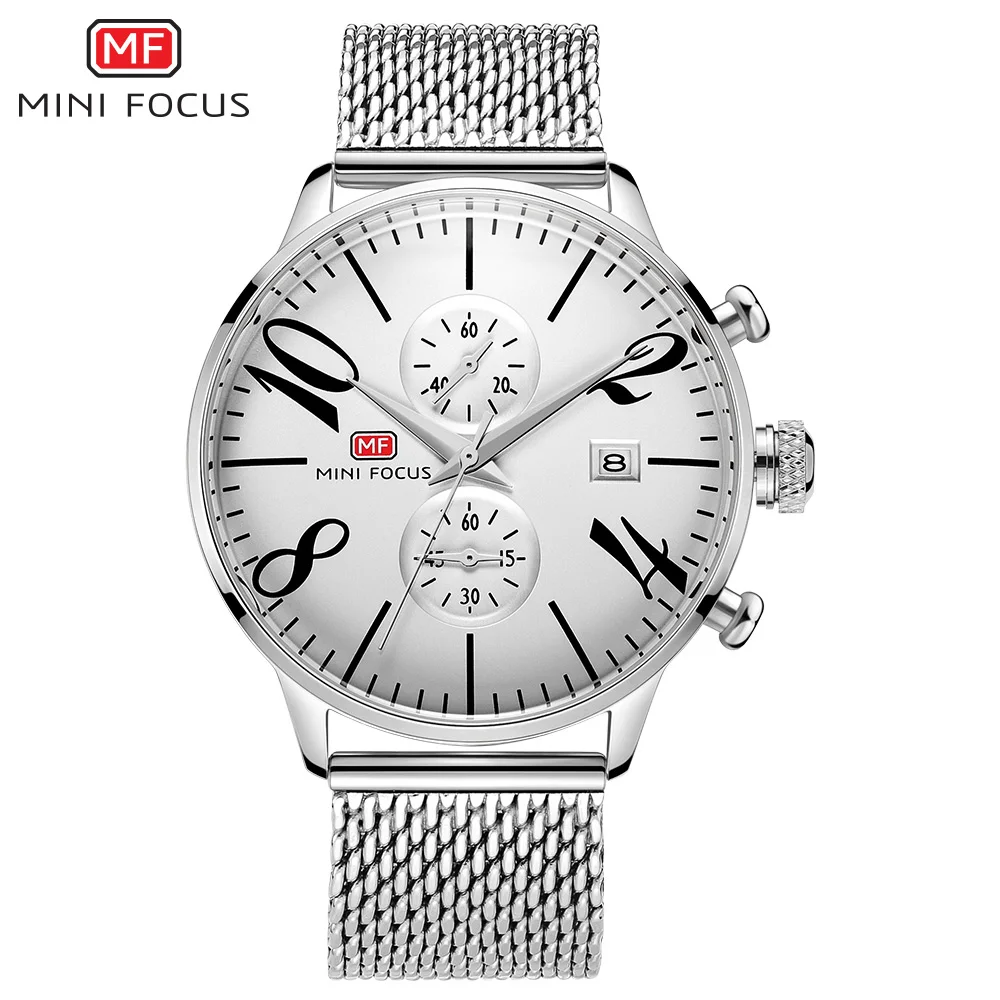 silver white Мини фокус Топ люксовый бренд мужские деловые часы хронограф водонепроницаемые кварцевые аналоговые наручные часы полностью стальные мужские часы Relogio - Цвет: silver white