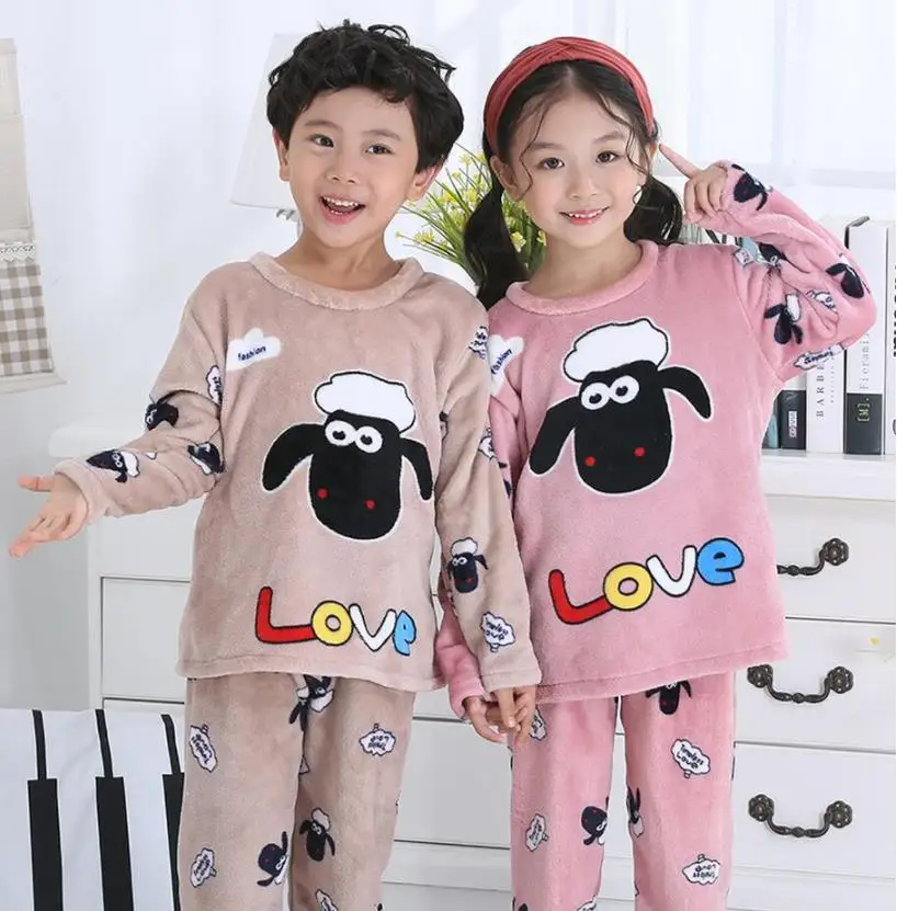 

Coral Fleece Boy Pijamas Homewear 2020 kids Autumn Winter Children Fleece Pajamas Set Warm Flannel Sleepwear Girls Loungewear
