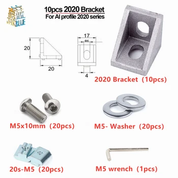 

10pcs T Slot 2020 Series Aluminum Extrusion Profile Corner Angle Bracket Connector With T Slide Nut And Screw And Wrench Tools