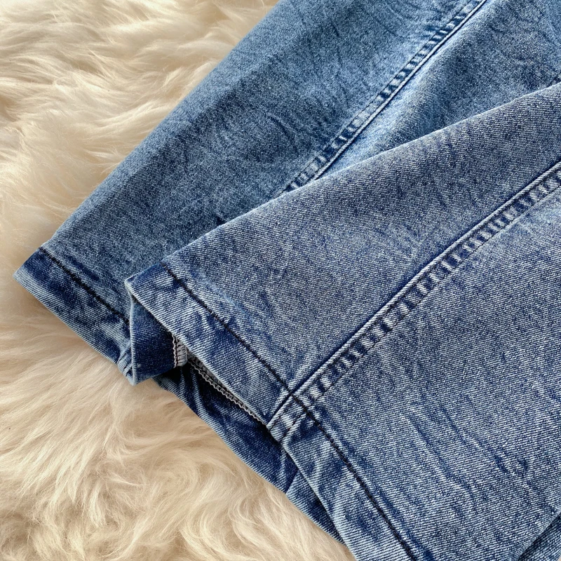 DEAT 2020 New Summer Fashion Tide Square Collar Vintage Solid High Waist Zipper Slim Puff Sleeve Denim Dress Women SB760