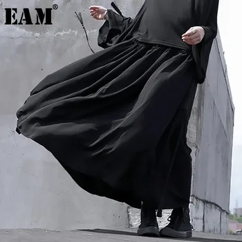 

[EAM] 2020 Spring Woman new Solid Black Color Long Loose High Waist Lace Up Drawstring Draped Half-body Skirt All Match LI153