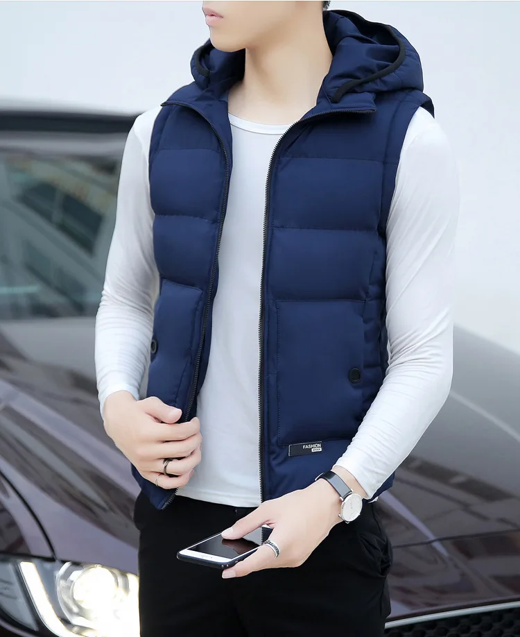 Autumn& Winter down Feather Cotton Waistcoat Men's Fashion Korean-style Hooded Solid Color Men Light Warm Vest Waistcoat