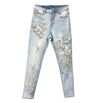 

Summer Autumn Fashion Women Embroidery Sequined Flower Elastic Skinny Pencil Denim Trousers , High Waist Slim Woman Jeans Pants
