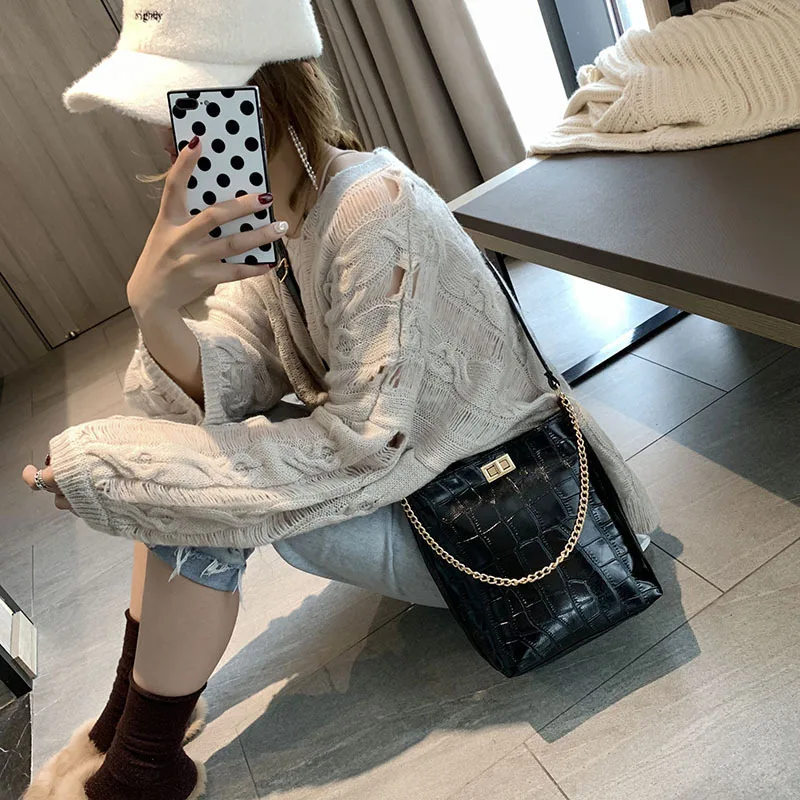 

WOMEN'S Bag 2019 New Style Korean-style Crocodile Pattern Fashion Chain Shoulder Bag Versatile Large-Volume Oblique Bucket Bag