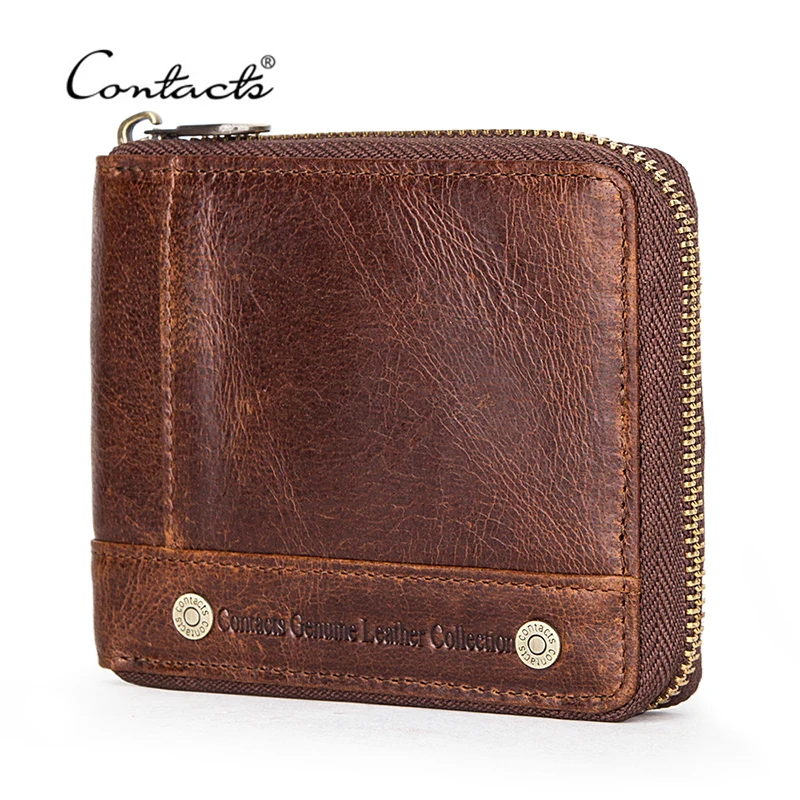 CONTACT'S 100% натуральная кожа Rfid кошелек мужской кожаный Короткий Мужской для карт кошельки на молнии сумка