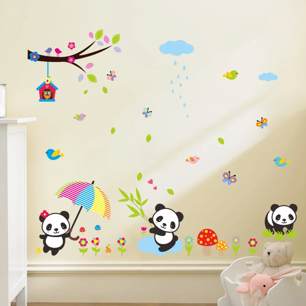 Милые Мультяшные панды и бамбуковые виниловые цветные настенные наклейки с животными, художественные настенные наклейки для детской комнаты, спальни, гостиной, домашнего декора