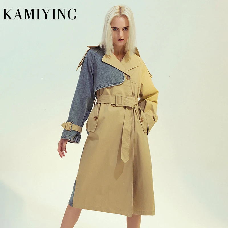 Hit Color Trench Female Lapel Collar Long Sleeve High Waist Sashes Plus Size Patchwork Trench Women Fashion