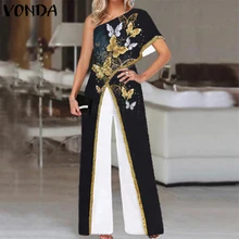 

VONDA Vintage Printed One Shoulder Long Jumpsuits Wide Leg Office Overalls Palazzo Women Elegant Party Pantalones Dungaree