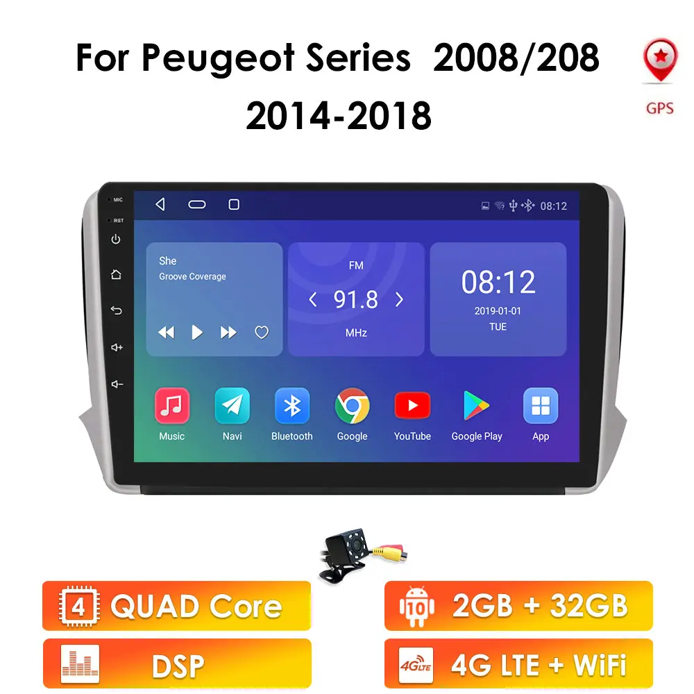 4G + 64G 4G Android 10 para PEUGEOT 2008 208 Series 2012-2018 Auto 2 Din Auto Radio estéreo reproductor GPS Wi-Fi DAB + RDS + TPMS SIN DVD