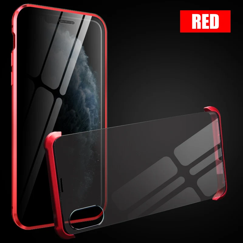 2Pcs Privacy and Rimless Tempered Glass Magnetic Case for iPhone 7 8 Plus XS MAX XR Full Body Protection Magnetic Case Cover - Цвет: Red