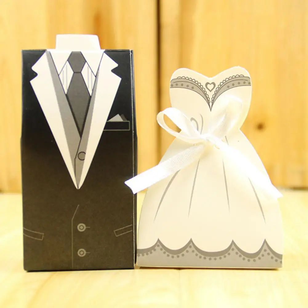 

Fashion 100Pcs Bride Dress Groom Suit Candy Gift Boxes Case Ribbon DIY Wedding Party Holiday Supplies