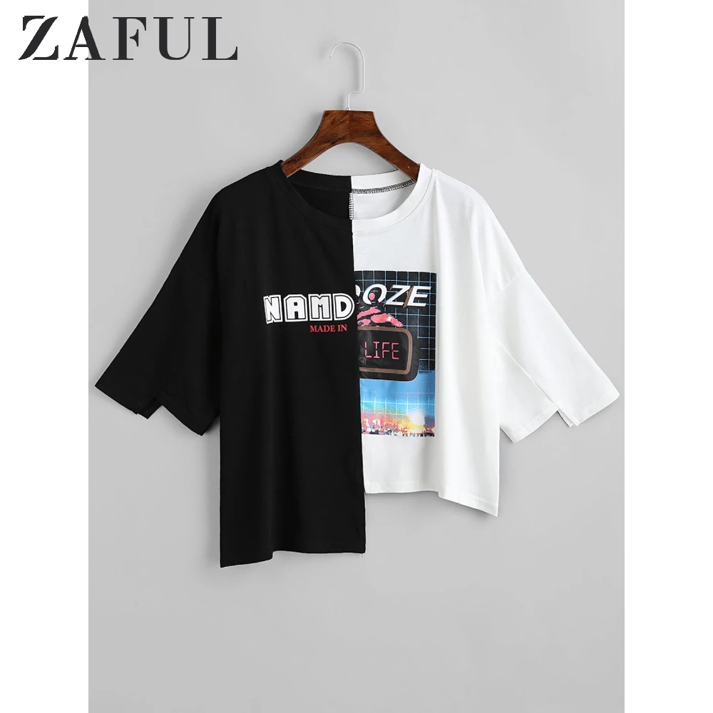 Женская футболка с контрастным АСИММЕТРИЧНЫМ ПОДОЛОМ ZAFUL коротким разрезом