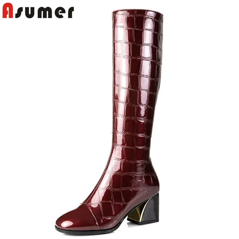 ASUMER/; сапоги до колена из высококачественной лакированной кожи; женские сапоги с круглым носком; сезон осень-зима; женские модельные туфли на квадратном каблуке