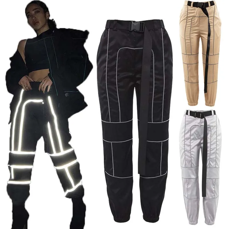 

2019 Women's Long Pants Fashion Reflective Workout Leggings Reflective Stitching Casual Overalls Belt Loose Breathable Joggers