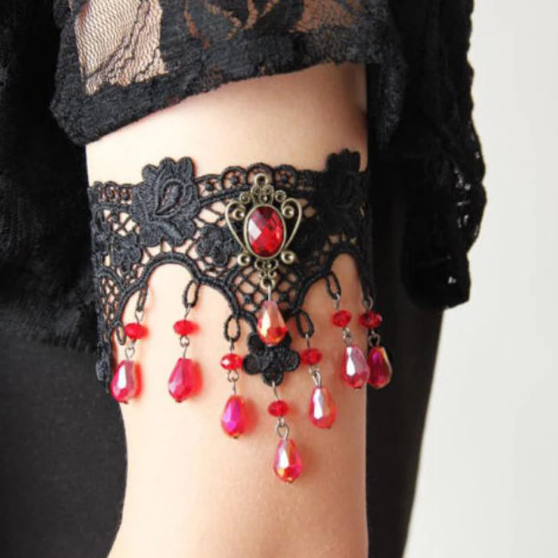 Модная черная кружевная цепочка с цветами на ногу красная подвеска кристаллами