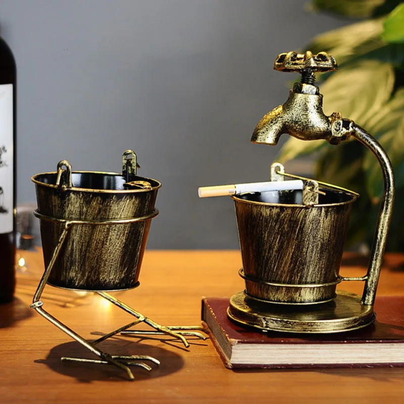 Retro Creative Faucet Bucket Ashtray Iron Crafts Ash Tray Smoking Cigarette Holder for Living Room Bar Home Decor