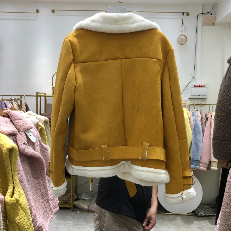 Kohuijoo Женские зимние кожаные куртки с поясом, модное пальто из овечьей шерсти и замши, женские уличные мотоциклетные теплые куртки