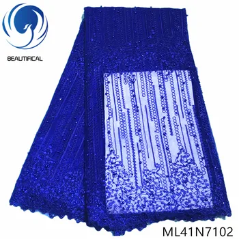 

Beautifical Blue french lace fabrics with beads New arrival nigerian rhinestones net lace fabric for wedding 5yards/lot ML41N71