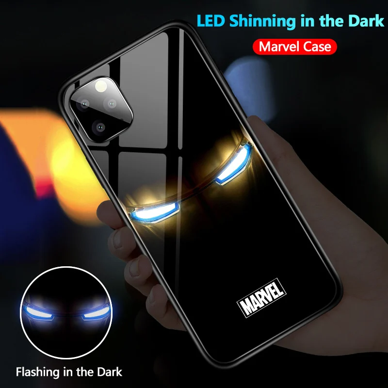 Ironman Для iPhone 6 7 8 Plus X XR XS Max 11 Pro светодиодный мигающий чехол Marvel Мстители Железный человек паук Veno закаленное стекло - Цвет: Ironman