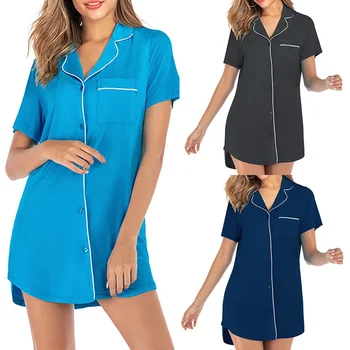 

Pajamas For Women v-Neck Short Sleeve Open Placket Long Pijamas Solid Color Loose Comfortable Pajamas